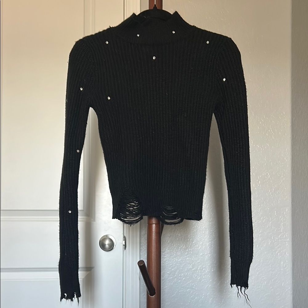 Women’s Black Distressed Rhinestone Cropped Turtleneck Sweater Size Small |D112